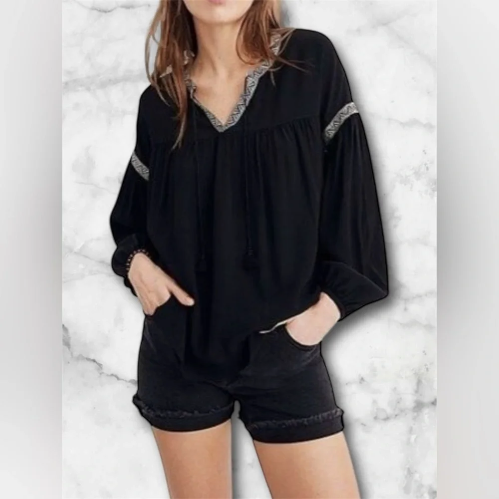 Madewell Boho Black Embroidered Blouson Blouse Top Peasant Flowy Size M
